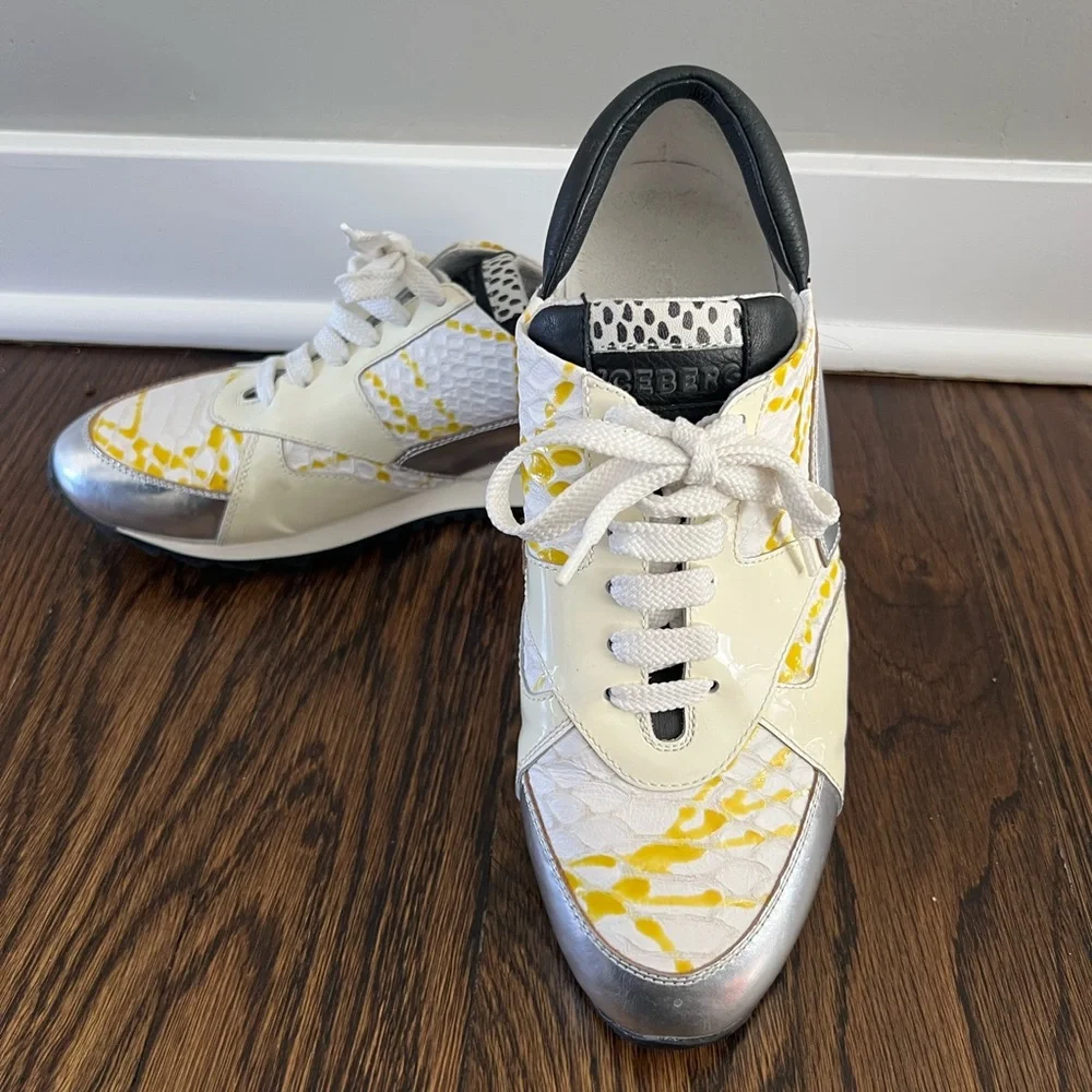 Iceberg Women's Sneakers w/ reptile skin and yellow paint platter, size 37 (6.5)